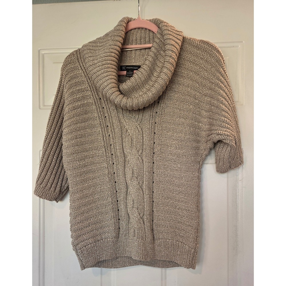INC International Concepts Metallic Cowl Neck Cable Knit Sweater Beige Gold M